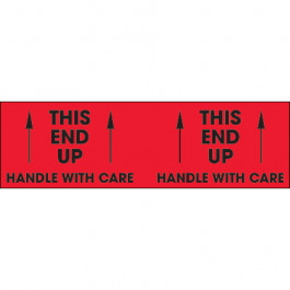 3" x 10" - " This  End  Up -  Handle  With  Care"( Fluorescent  Red)  Labels