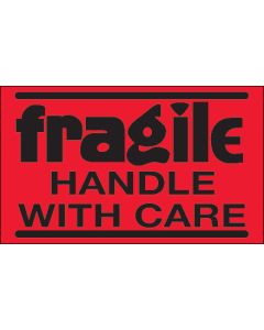 3" x 5" - " Fragile -  Handle  With  Care"( Fluorescent  Red)  Labels