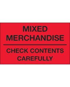 3" x 5" - " Mixed  Merchandise -  Check  Contents  Carefully" ( Fluorescent  Red)  Labels