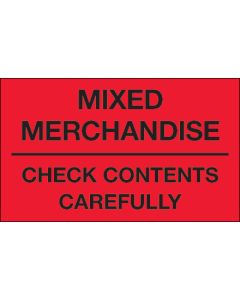 3" x 5" - " Mixed  Merchandise -  Check  Contents  Carefully" ( Fluorescent  Red)  Labels