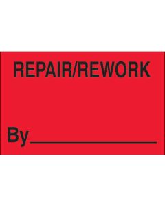 1 1/4" x 2" - " Repair/ Rework  By"( Fluorescent  Red)  Labels