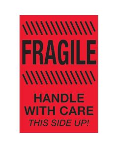 4" x 6" - " Fragile -  Handle  With  Care -  This  Side  Up" ( Fluorescent  Red)  Labels