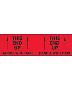 3" x 10" - " This  End  Up -  Handle  With  Care"( Fluorescent  Red)  Labels