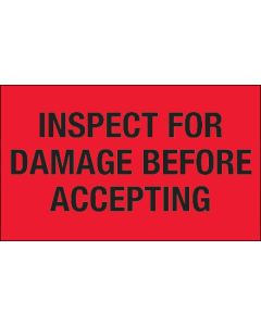 3" x 5" - " Inspect  For  Damage  Before  Accepting" ( Fluorescent  Red)  Labels