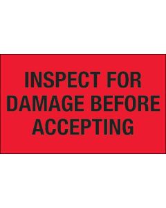 3" x 5" - " Inspect  For  Damage  Before  Accepting" ( Fluorescent  Red)  Labels