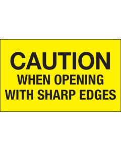 3" x 5" - " Caution  When  Opening  With  Sharp  Edges" ( Fluorescent  Yellow)  Labels