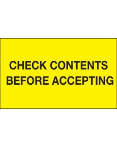3" x 5" - " Check  Contents  Before  Accepting"( Fluorescent  Yellow)  Labels