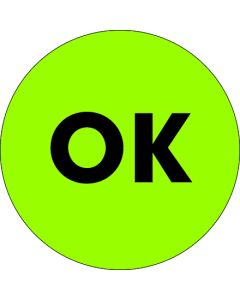 2"  Circle - "OK" Fluorescent  Green  Labels