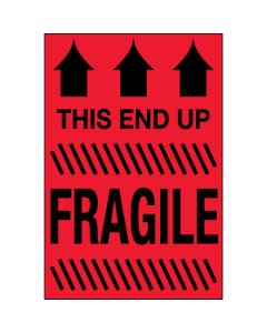 2" x 3" - " This  End  Up -  Fragile" ( Fluorescent  Red)  Labels