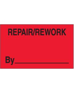 3" x 5" - " Repair/ Rework  By" ( Fluorescent  Red)  Labels