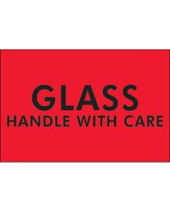2" x 3" - " Glass -  Handle  With  Care"( Fluorescent  Red)  Labels