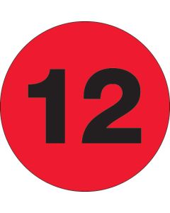 1"  Circle - "12" ( Fluorescent  Red) Number  Labels