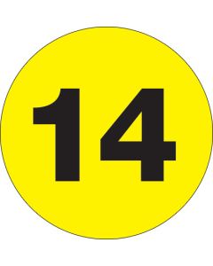 1"  Circle - "14" ( Fluorescent  Yellow) Number  Labels