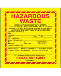 6" x 6" - " Hazardous  Waste -  California"  Labels