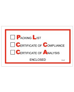 5 1/2" x 10"" Packing  List/ Cert of  Compliance/ Cert. of  Analysis  Enclosed"  Envelopes
